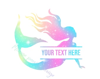 Sirena svg con nombre personalizado, sirena camiseta archivos svg, sirena clipart SVG, monograma dividido sirena, pelo largo sirena svg, logotipo de sirena