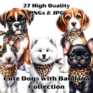 DOG CLIPART Bundle With Leopard Print Bandana, Watercolor Dog Clipart Sublimation Designs, Dog Breeds PNG File, Puppy Portrait Prints