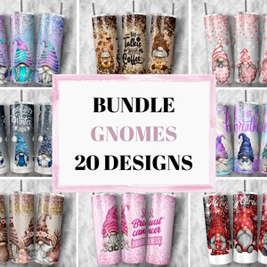 Peut inclure: Un ensemble de 20 designs de gobelets à thème gnome. Les designs présentent des gnomes dans diverses poses et contextes, notamment l'hiver, le café, les cœurs et les fleurs. Le texte "BUNDLE GNOMES 20 DESIGNS" est affiché au centre de l'image.