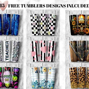 May include: 15 free tumbler designs included. A collage of 15 different tumbler designs with various patterns and colors, including a black and white checkered pattern, a pink and black heart pattern, a leopard print, and a floral pattern.
