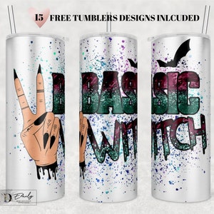 May include: Three stainless steel tumblers with a white background and colourful splatter paint design. The tumblers feature the text "Basic Witch" with a bat and a hand with peace sign and dripping blood.