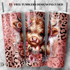 Rose Gold Mama Highland Cow Tumbler Wrap Mom Tumbler Design Mother&#39;s day Tumbler Png 20oz Skinny Tumbler Sublimation Design Digital Download