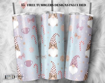 Christmas Gnome Tumbler Wrap: Candy Cane, Leopard Hat (PNG Digital Download)