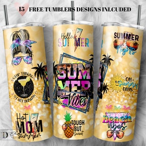 Summer 20 oz skinny tumbler sublimation design Summer Vibes Glitter beach PNG design 20oz Tumbler wrap design