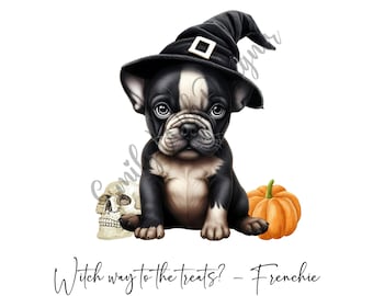 Bulldog francese strega PNG: divertente immagine di Halloween con bulldog francese (download digitale)