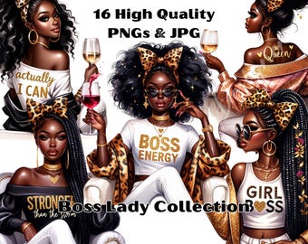 May include: Digital art featuring illustrations of stylish Black women with various hairstyles, wearing gold jewelry and leopard print accessories. The images include text that reads "Boss Energy", "Girl Boss", "Stronger than the storm", and "Actually I can".