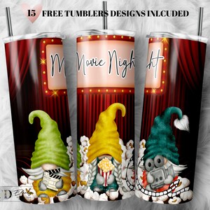 Movie Night Gnome Tumbler Wrap PNG, Gnome tumbler, 20 oz Skinny Sublimation Tumbler Designs for Tumbler Digital Download