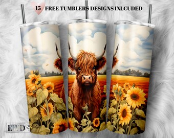 Highland Cow & Sunflower Tumbler Wrap: 20oz Skinny Tumbler Design (Digital Download)