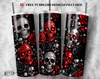 Gothic Skulls Roses Tumbler Wrap PNG, 20oz Skinny Sublimation Design (Digital Download)