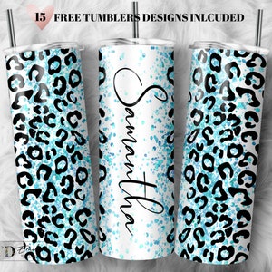 Teal Glitter Leopard Print Add Your Own Text Name Sublimation Tumbler Designs Cheetah Print - 20oz Skinny Tumbler Wraps Templates - PNG