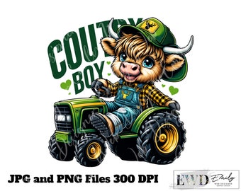 Highland Cow on Tractor PNG: Farm Boy Sublimation Design (Digital Download)