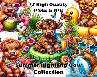 Sommer Highland Kuh Clipart: Baby Kuh PNG Bundle (17 Dateien)