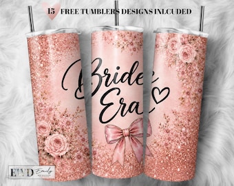 Bride Era Tumbler Wrap PNG, Pink Rose Gold Floral Design (Digital File)
