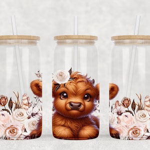 Highland Cow Libbey Glass Wrap, Floral 16 Oz Glass Can Wrap PNG, Flowers Glass Tumbler Wrap, Glass Can Sublimation Wrap Design Download
