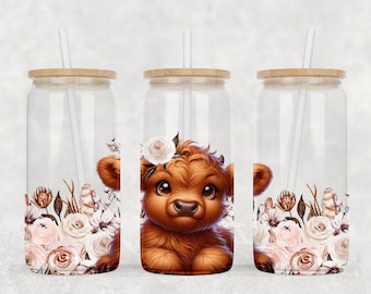 Floral Highland Cow Glass Can Wrap: 16 Oz Tumbler PNG (Digital Download)