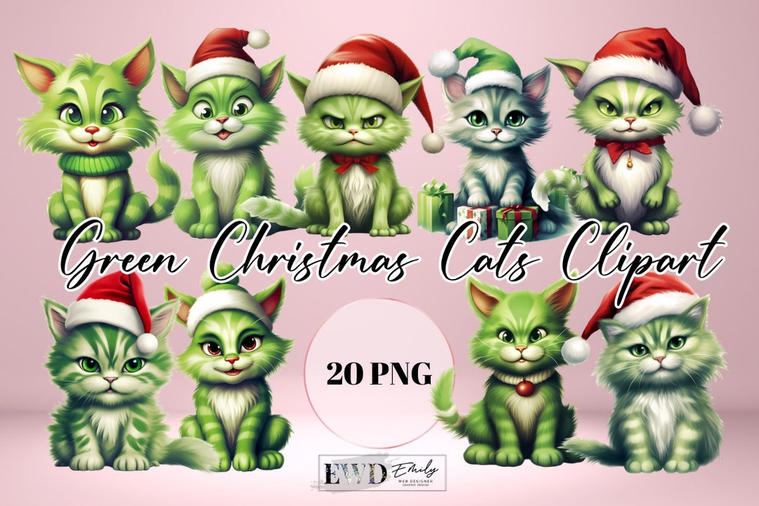 Watercolor Christmas Cat Clipart: Green Holiday PNG Bundle (digital ...
