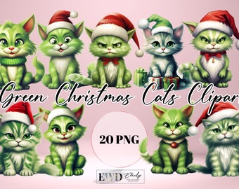 Watercolor Christmas Cat Clipart: Green Holiday PNG Bundle (Digital Download)