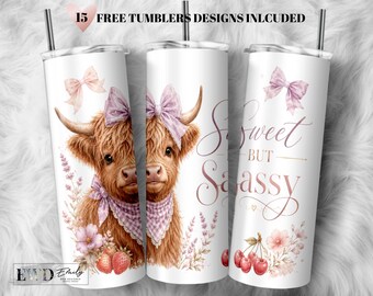 Highland Cow Tumbler Wrap PNG, Coquette Strawberry Cherry Design (Digital Download)