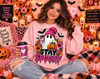 Pink Leopard Ghost Pumpkin Shirt Graphic, Girly Halloween Sublimation Design (PNG Download)