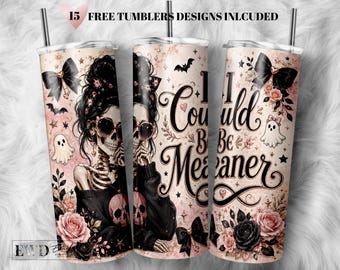 Coquette Goth Skeleton Tumbler Wrap PNG, Spooky Halloween Skull Design (Digital Download)