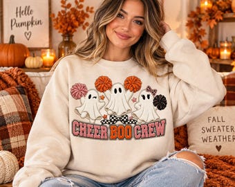 Halloween Cheerleader Ghosts, Faux Embroidery Design, Spooky Cheer Mom (PNG Download)