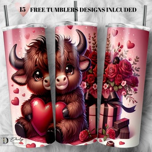 Envoltura para vaso de vaca de las Tierras Altas de San Valentín: Diseño de sublimación para vaso delgado de 20 oz (descarga digital PNG)