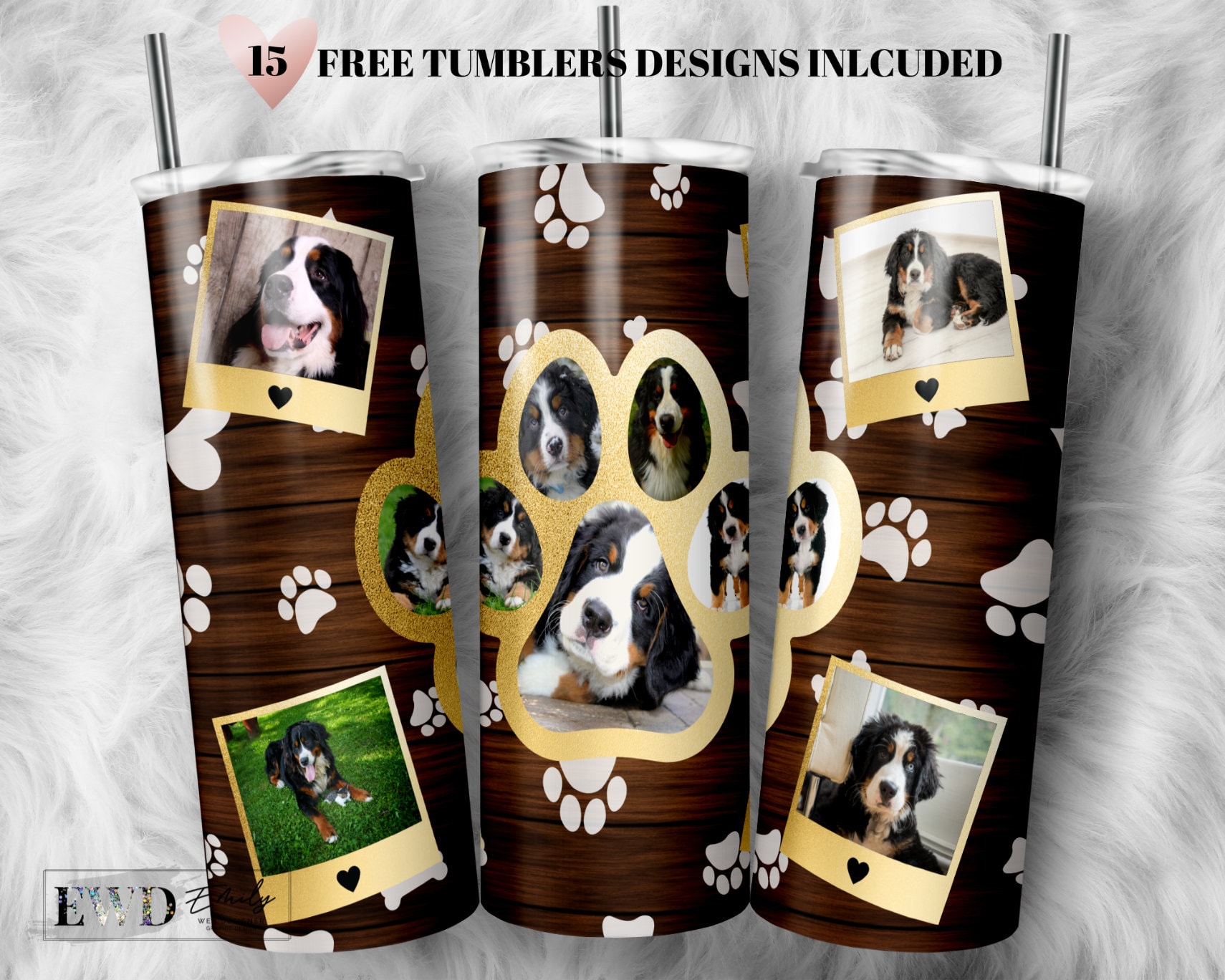Gold Dog Paw Photo Frame 20 Oz Tumbler - Full Wrap PNG (Digital Download)