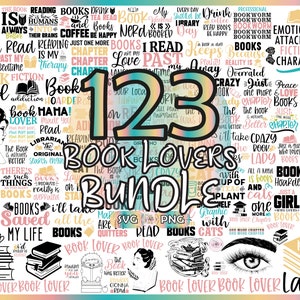 May include: A colourful digital collage of 23 book lover themed designs. The designs feature various phrases and illustrations related to reading, books, and libraries. The text includes phrases like "Book Nerd", "Book Hoarder", "Just a Girl Who Loves Books", and "I'll Take the Crazy Book Lady". The designs are in a variety of colours, including pink, yellow, blue, green, and black.