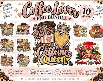 Coffee Lover PNG Bundle, Leopard, Glitter, Iced Coffee, Christmas (Digital Download)