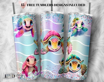 Sea Turtle 20 oz Tumbler Sublimation Design: Blue Glitter Beach PNG (Digital Download)