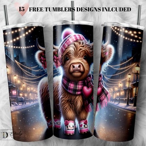 Envoltura para vaso de vaca de las Tierras Altas de San Valentín: Diseño de sublimación para vaso delgado de 20 oz (descarga digital PNG)