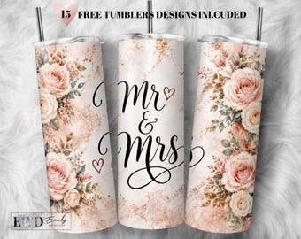 Mr & Mrs Rose Gold Floral Tumbler Wrap (PNG File)