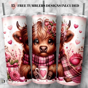Envoltura para vaso de vaca de las Tierras Altas de San Valentín: Diseño de sublimación para vaso delgado de 20 oz (descarga digital PNG)
