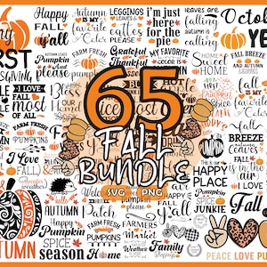 May include: A digital collage of 65 fall-themed designs featuring pumpkins, leaves, and text phrases like "Happy Fall Y'all", "Fall Breeze", and "Peace Love Pumpkin".