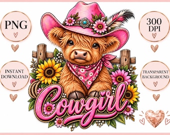 Pink Cowgirl Highland Cow PNG, Floral Farmhouse Shirt Print (Digital Download)