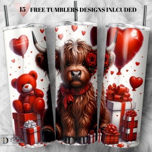 Envoltura para vaso de vaca de las Tierras Altas de San Valentín: Diseño de sublimación para vaso delgado de 20 oz (descarga digital PNG)