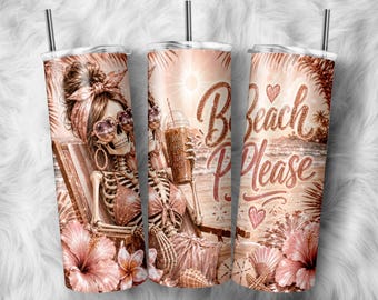 Skull Rose Gold Tumbler Wrap, Pink Tropical Beach Iced Coffee PNG (Digital Download)