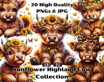 Baby Highland Cow Sunflowers Clipart, Animal PNG (Digital Download)