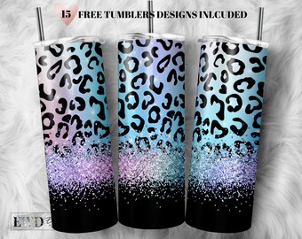 Leopard Rainbow Glitter Tumbler PNG: 20oz Skinny Sublimation Design (Commercial Use)