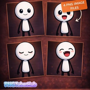 May include: Image featuring a cute stickman character with four different facial expressions. The text reads "CUTE PNGTUBER STICKMAN" and "4 EXPRESSIONS!" with a banner stating "4 PNG IMAGE FILES". The logo for PNGTuberHub is also visible.