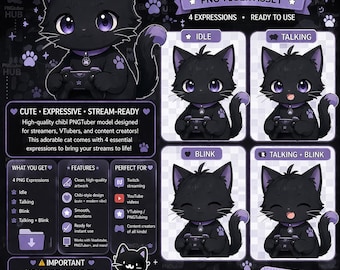 Puede incluir: Un activo PNGTuber digital con un gato chibi negro con detalles morados. La imagen muestra cuatro expresiones: inactivo, hablando, parpadeando y hablando + parpadeando. Diseñado para streamers, VTubers y creadores de contenido.