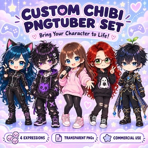 May include: A digital illustration of five chibi-style characters with diverse outfits and hair colors, set against a pastel background. The text reads CUSTOM CHIBI PNGTUBER SET, Bring Your Character to Life!, 4 EXPRESSIONS, TRANSPARENT PNGS, and COMMERCIAL USE.