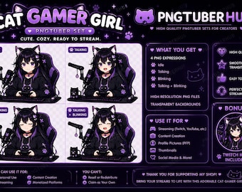 Puede incluir: Un conjunto PNGTuber morado y negro con una chica gamer con orejas de gato. La imagen muestra cuatro expresiones: inactiva, hablando, parpadeando y hablando + parpadeando. Incluye archivos PNG de alta resolución, fondos transparentes y un icono de Twitch.