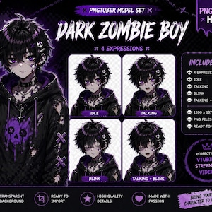 Könnte beinhalten: Digitale Illustration eines Dark Zombie Boy Modellsets für VTubing. Das Bild zeigt einen Charakter mit schwarzen Haaren, lila Augen und einem schwarzen Kapuzenpullover. Das Set enthält vier Ausdrücke: untätig, sprechend, blinkend und sprechend + blinkend. Der Text "PNGTuber HUB" ist ebenfalls enthalten.