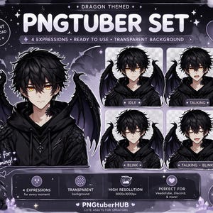 May include: A digital PNGTuber set with a dragon theme, featuring a character with black hair, wings, and a black hoodie. The set includes four expressions: idle, talking, and blinking. The text on the image says "PNGTUBER SET" and "Perfect for Streaming!"