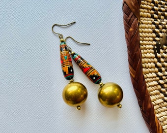 Hand painted porcelain and brass bead earrings