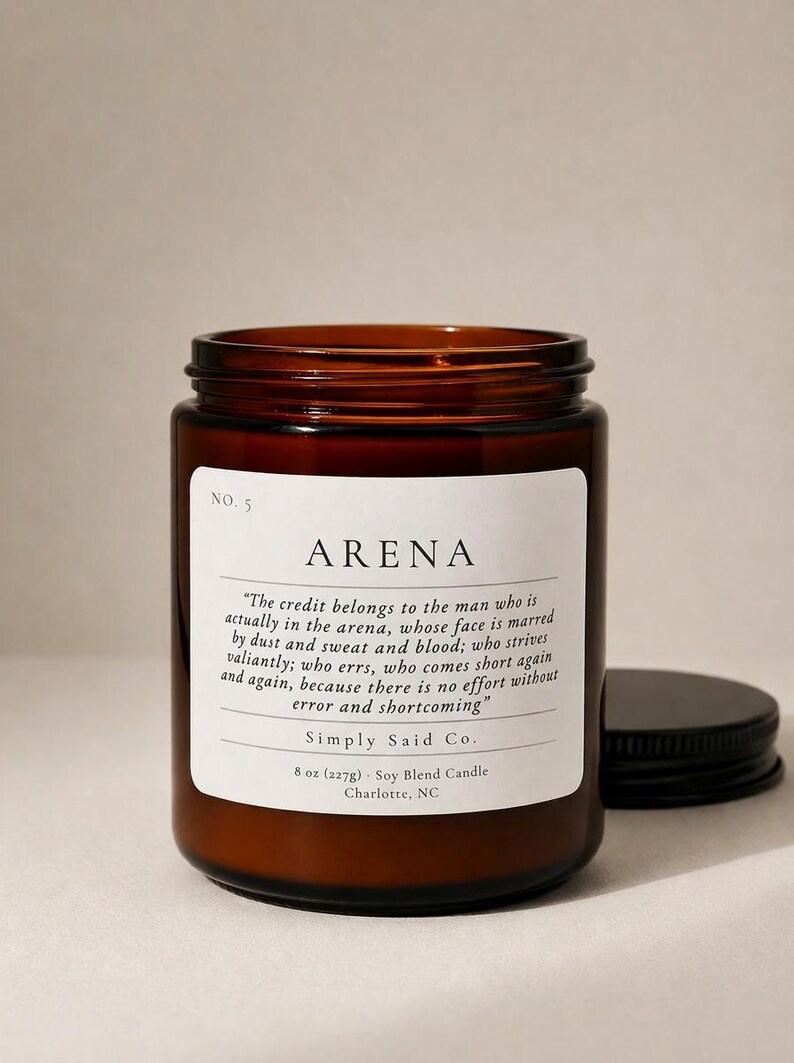 Man in the Arena, 8oz Candle, Theodore Roosevelt quote, Men's fragrance candle, Fathers day, Gift for Him, Candle with quote, wooden wick image 3