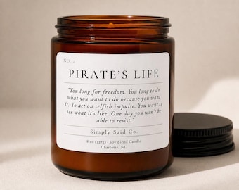 Pirates Life, Pirates of Caribbean, Pirate Themed Candle, wooden wick, pirate party, birthday gift, gift for him or her, 8oz candle