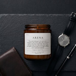Man in the Arena, 8oz Candle, Theodore Roosevelt quote, Men's fragrance candle, Fathers day, Gift for Him, Candle with quote, wooden wick image 2