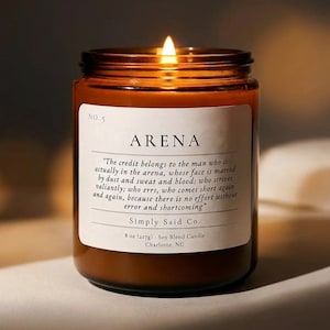 Man in the Arena, 8oz Candle, Theodore Roosevelt quote, Men's fragrance candle, Fathers day, Gift for Him, Candle with quote, wooden wick image 1